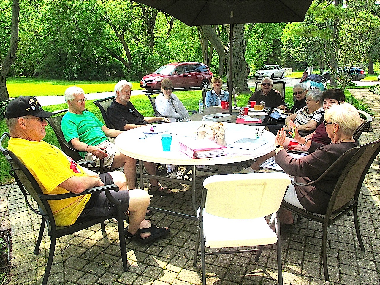 Clockwise (l):  Marty Defatte, Bob Carter, All Sabo, Dar Bogdanof Patrizzi, Judy Cloutier Chiappetta, Dave Litrenta, Barb Griffith Eckert, Mel Wohlust Carter, Sue Miller Christensen, Kathy Kottal Sheehan.  Taking the picture: Judy Wilda Amundsen